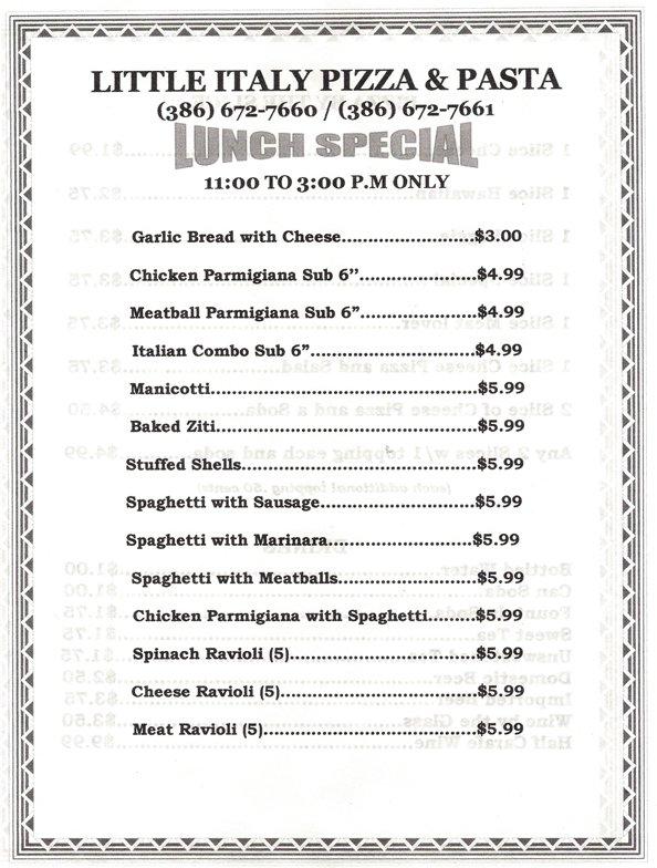 Menu at Little Italy Pizza & Pasta pizzeria, Ormond Beach