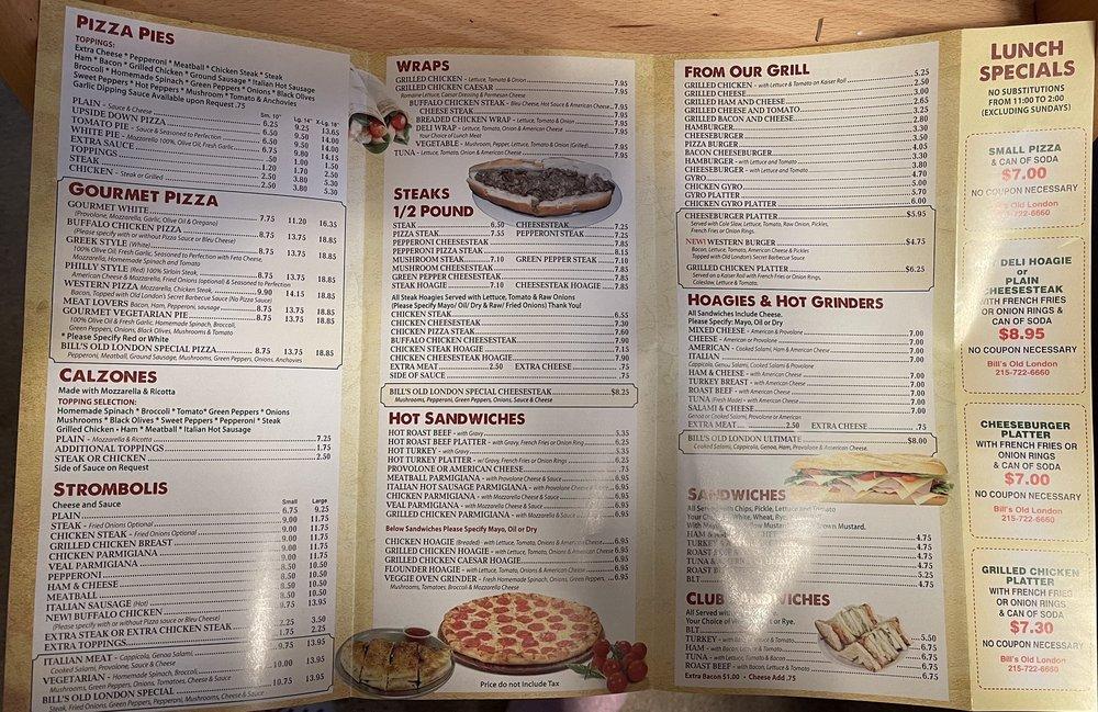 Menu at Bill's Old London Pizza pizzeria, Philadelphia, 328 Loney St
