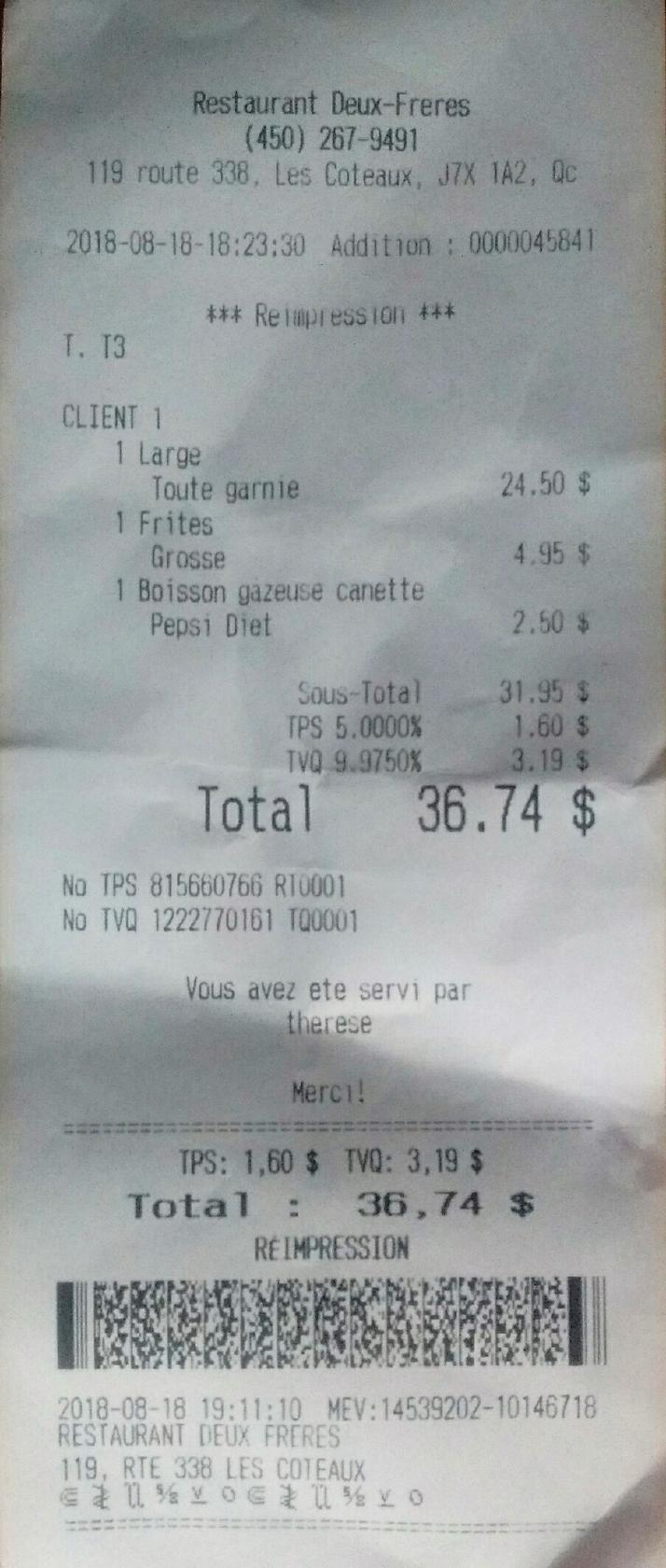 Menu au Restaurant Deux Frères, Les Coteaux
