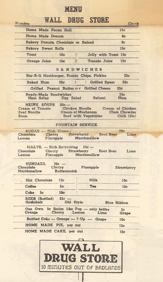 Menu at Wall Drug Store cafe, Wall, 510 Main St