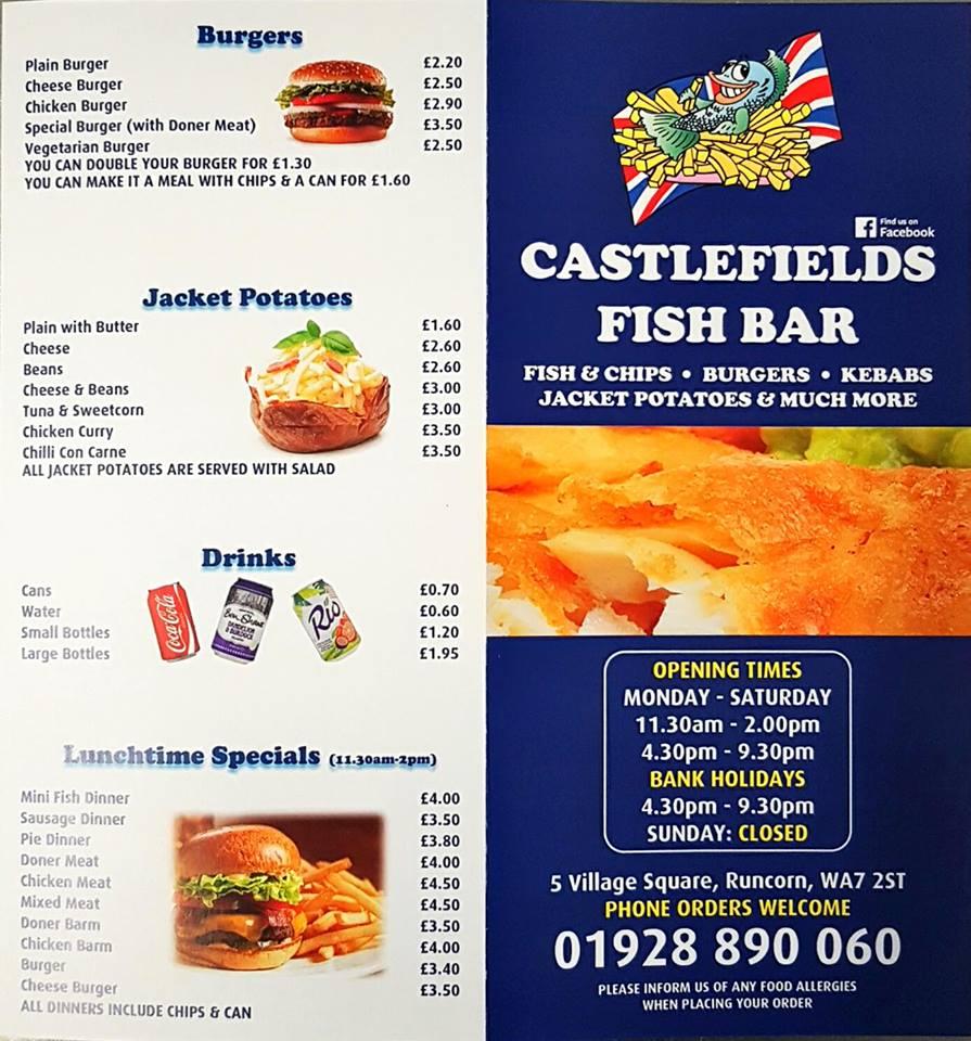 Menu at Castlefields Fish Bar, Runcorn