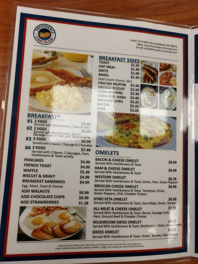 Menu at Providence Coney island restaurant, Southfield, W Nine Mile Rd