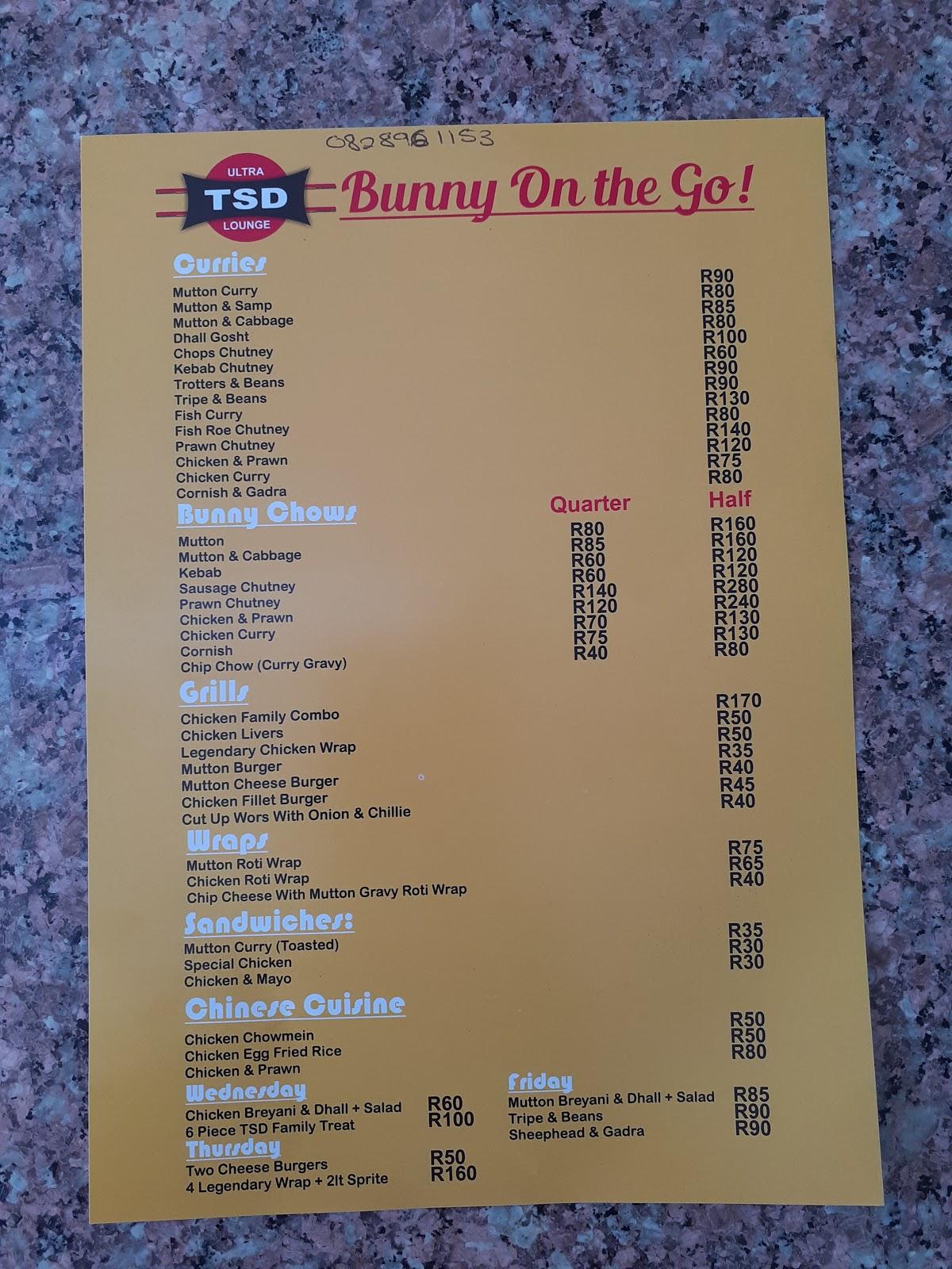 Menu at TSD Veggie Hut restaurant, Durban