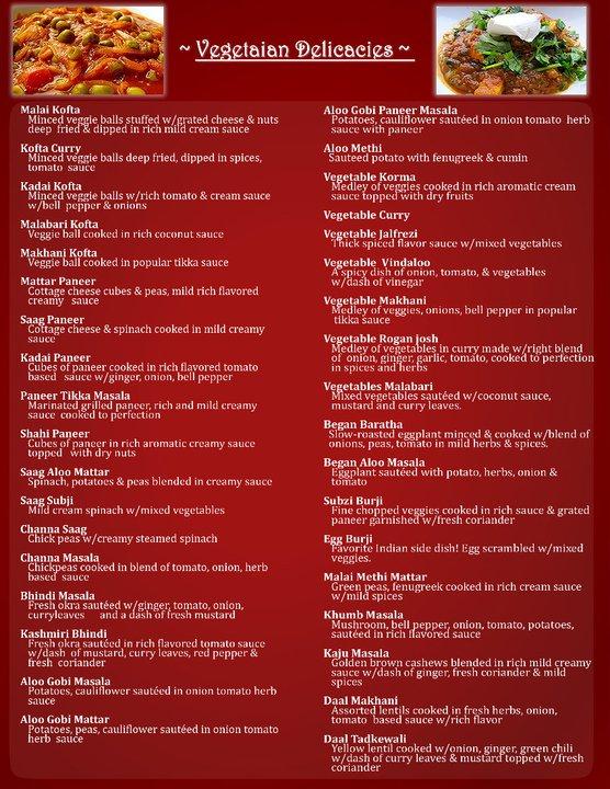 Menu at Cafe Spice Indian Cuisine, Cockeysville