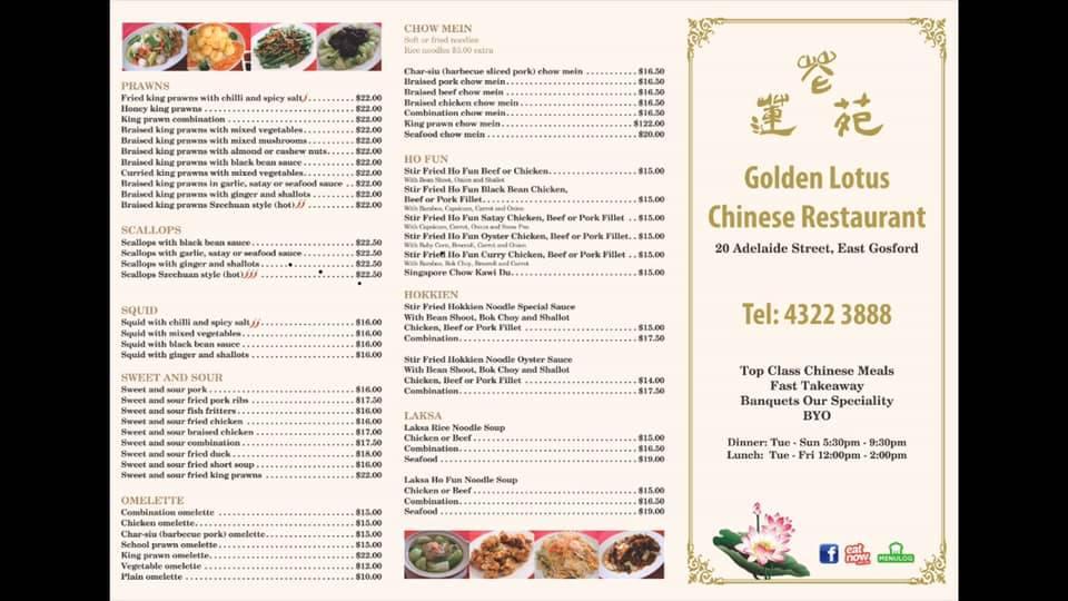 Menu at Golden Lotus Chinese Restaurant, East Gosford