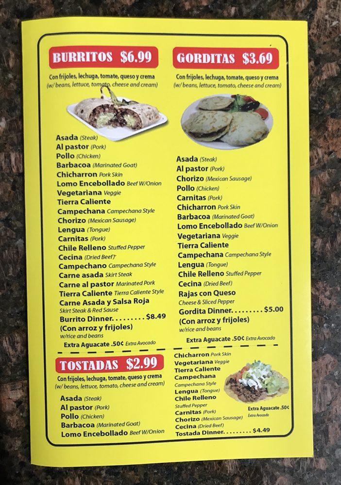 Menu at Carniceria y taqueria tierra caliente restaurant, Chicago, W