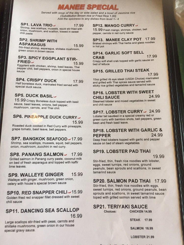 Menu at Manee Thai Cuisine In restaurant, Indianapolis