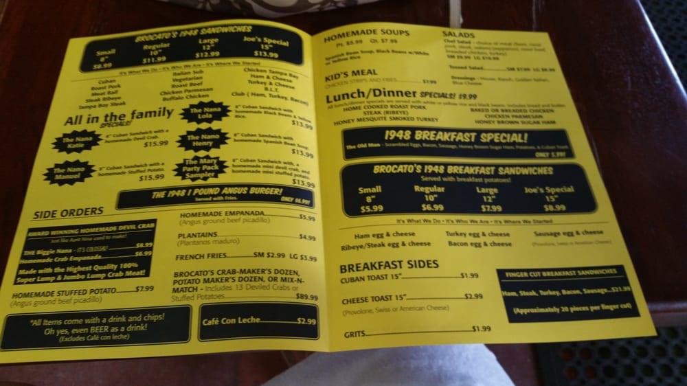 Menu at Brocato's Sandwich Shop restaurant, Tampa