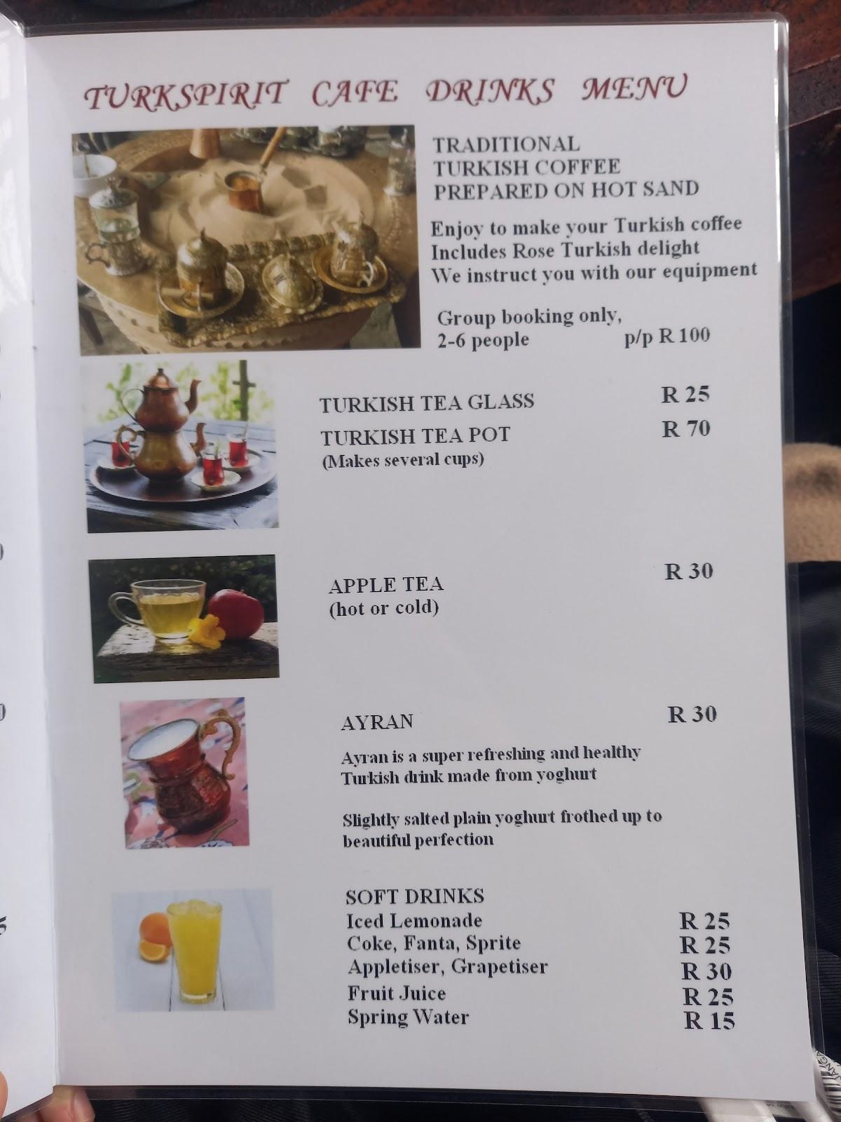 Menu at Turkspirit Cafe, Stellenbosch