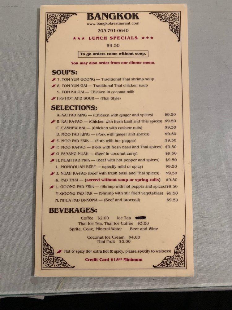 Menu at Bangkok restaurant, Danbury
