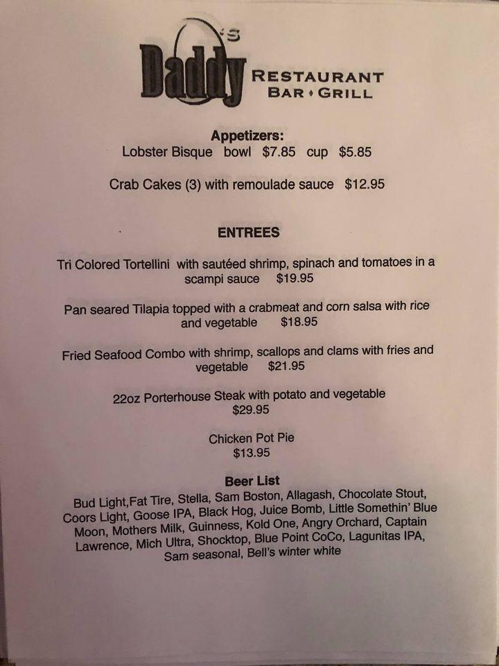 Menu at Daddy O's pub & bar, Hopewell Junction