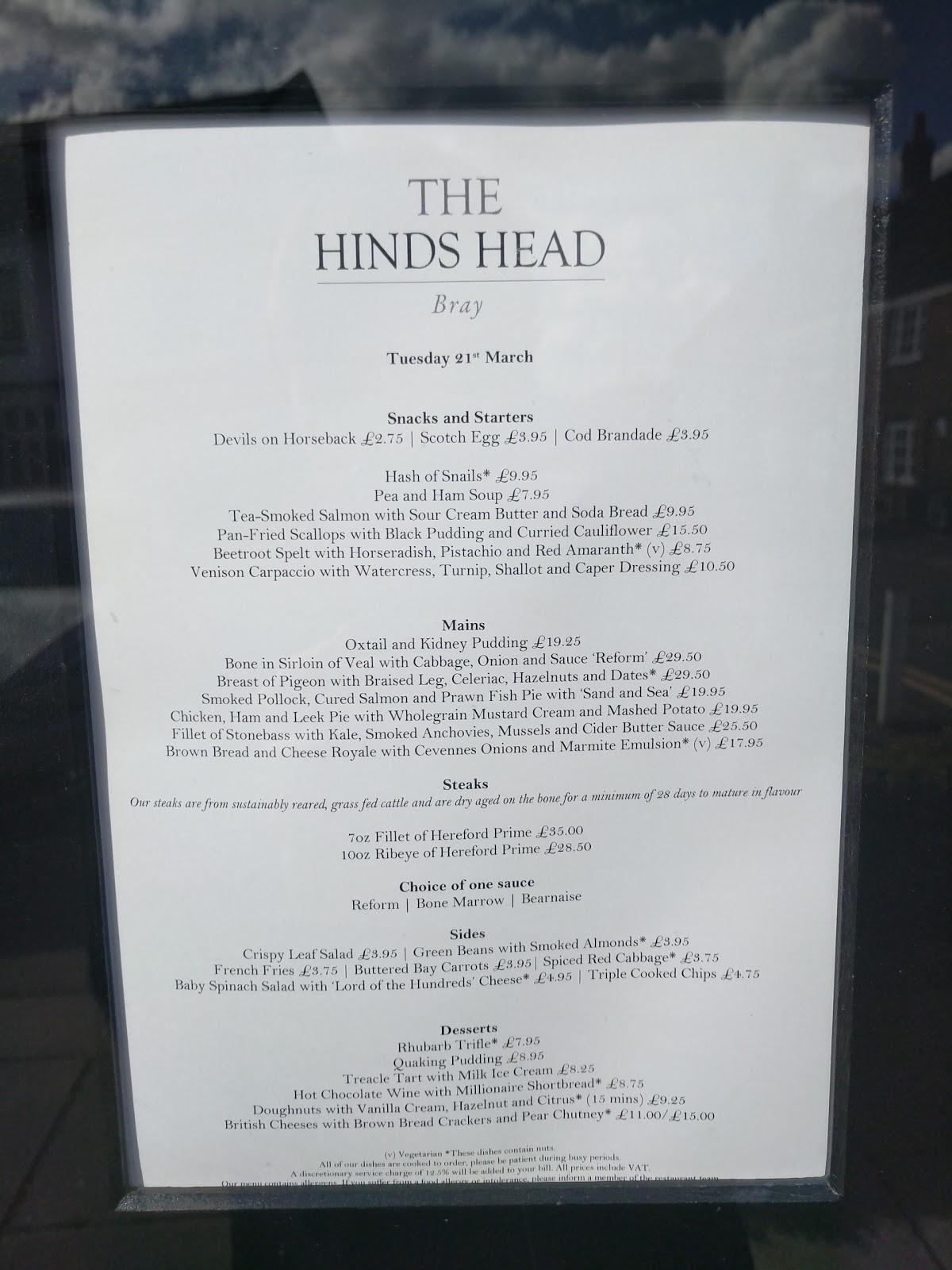 Menu at The Hinds Head pub & bar, Bray