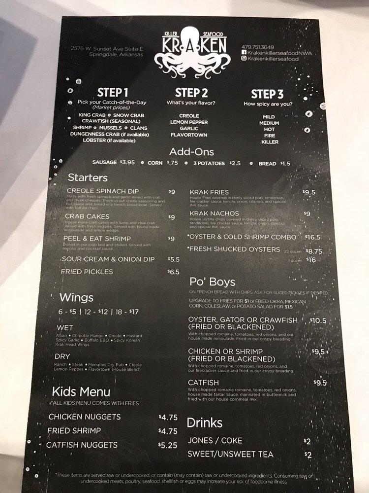 Menu at Kraken Killer Seafood restaurant, Springdale