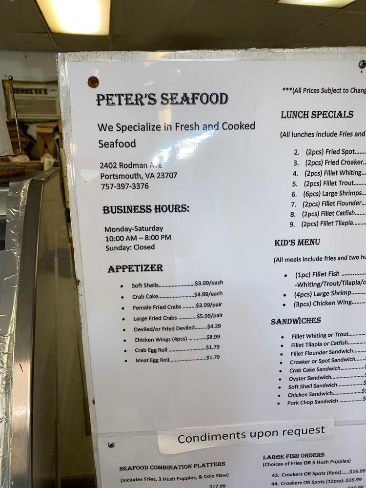 Menu at Peter Seafood restaurant, Portsmouth