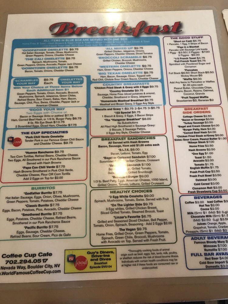 Menu at The Coffee Cup Cafe, Boulder City