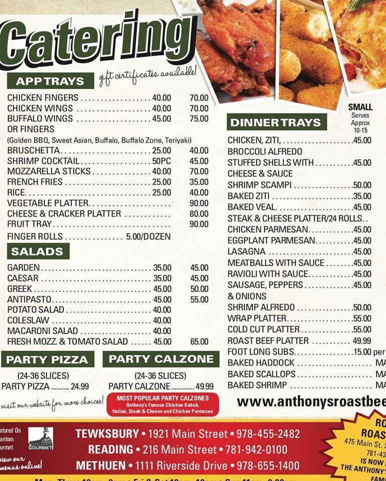 Menu at Anthony's pizzeria, Tewksbury