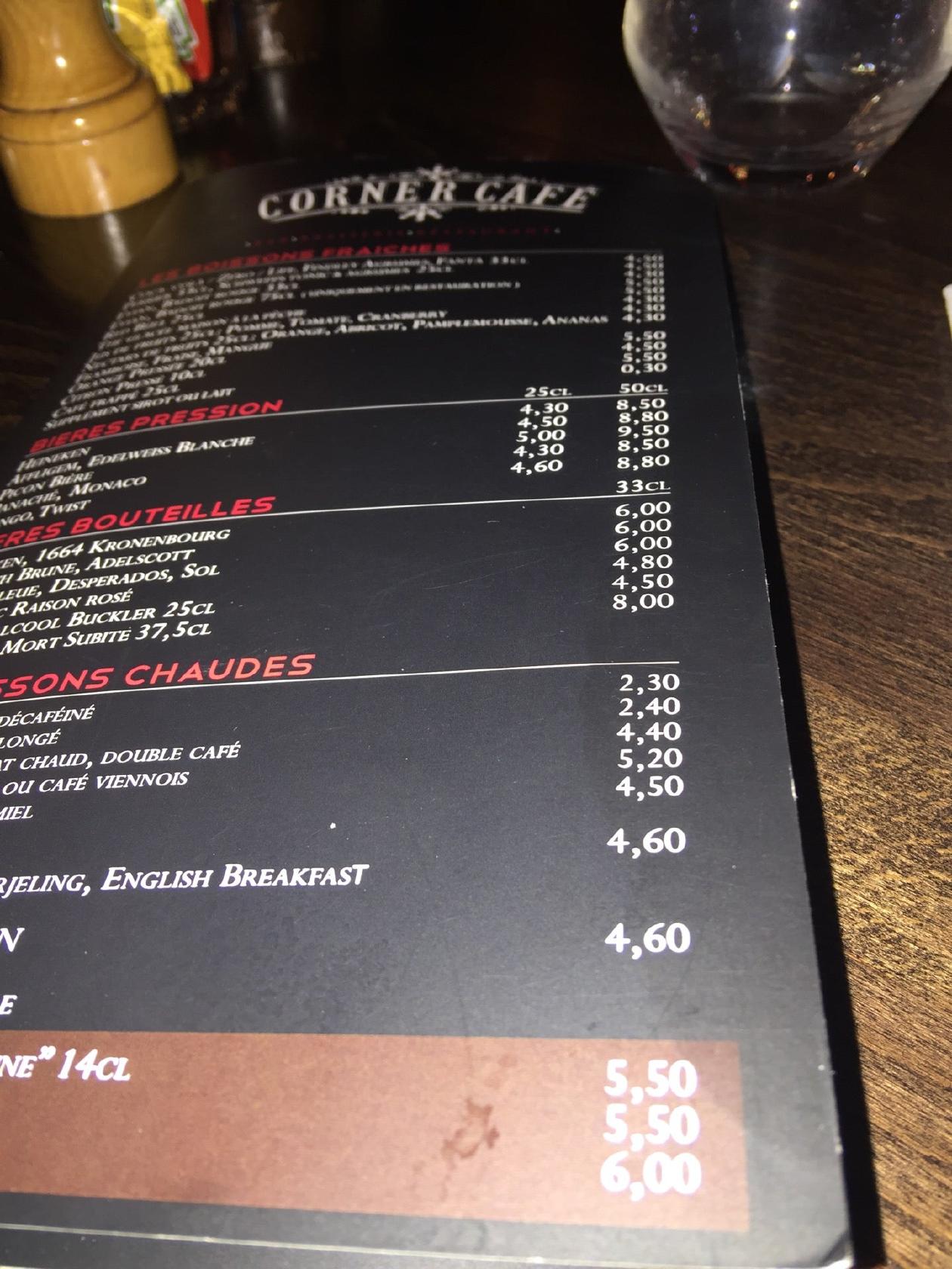 Menu at CORNER CAFE, Paris, 29 Rue du 4 septembre