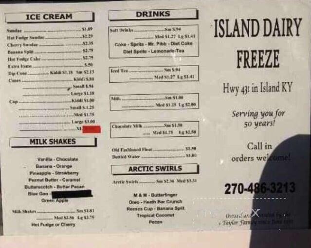 Menu at Dairy Freeze restaurant, Island