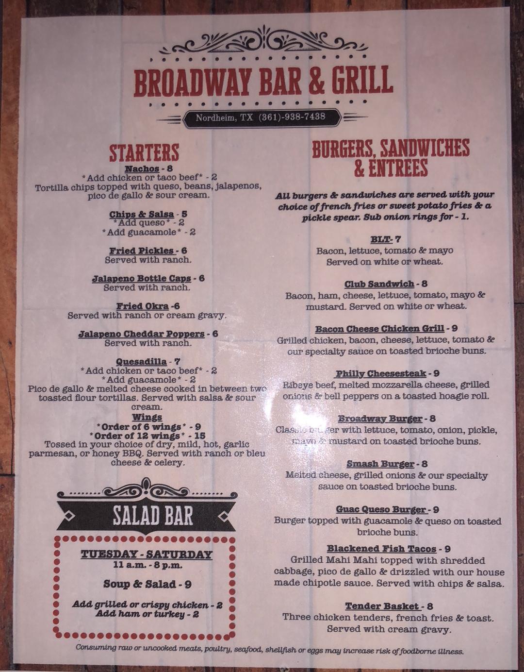 Menu at Broadway Bar, Nordheim