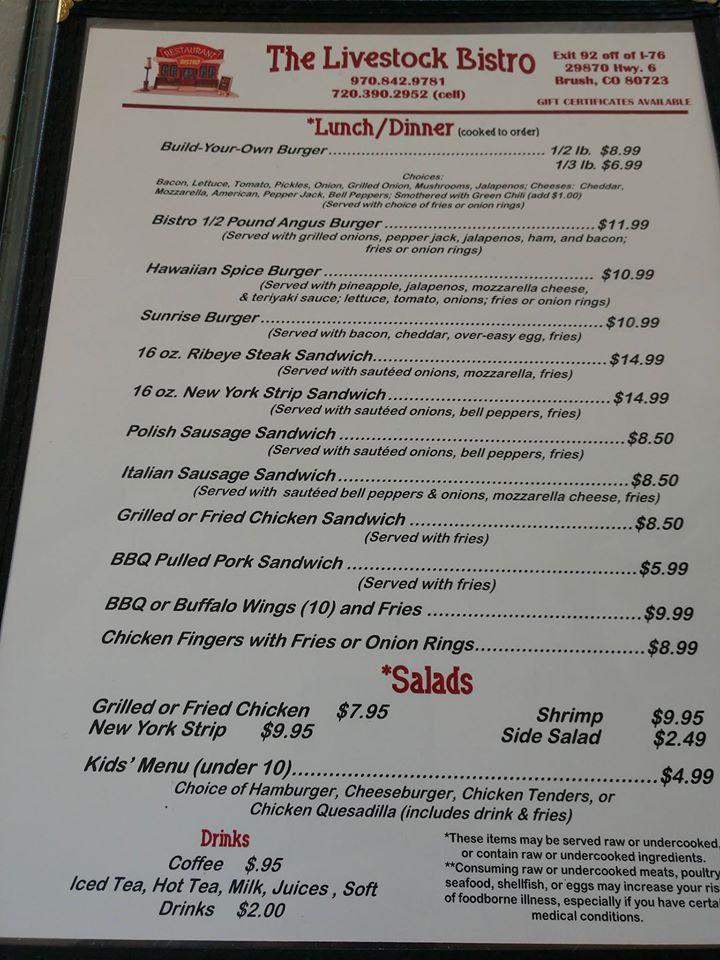 Menu at The Livestock Bistro restaurant, USA, US6