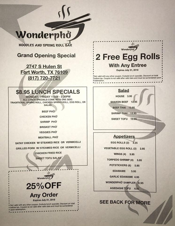 Menu at WonderPho Noodles & Spring Roll Bar, Fort Worth
