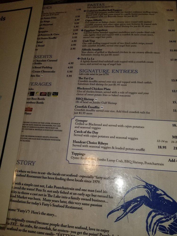 Menu at Fatty's Seafood Slidell restaurant, Slidell