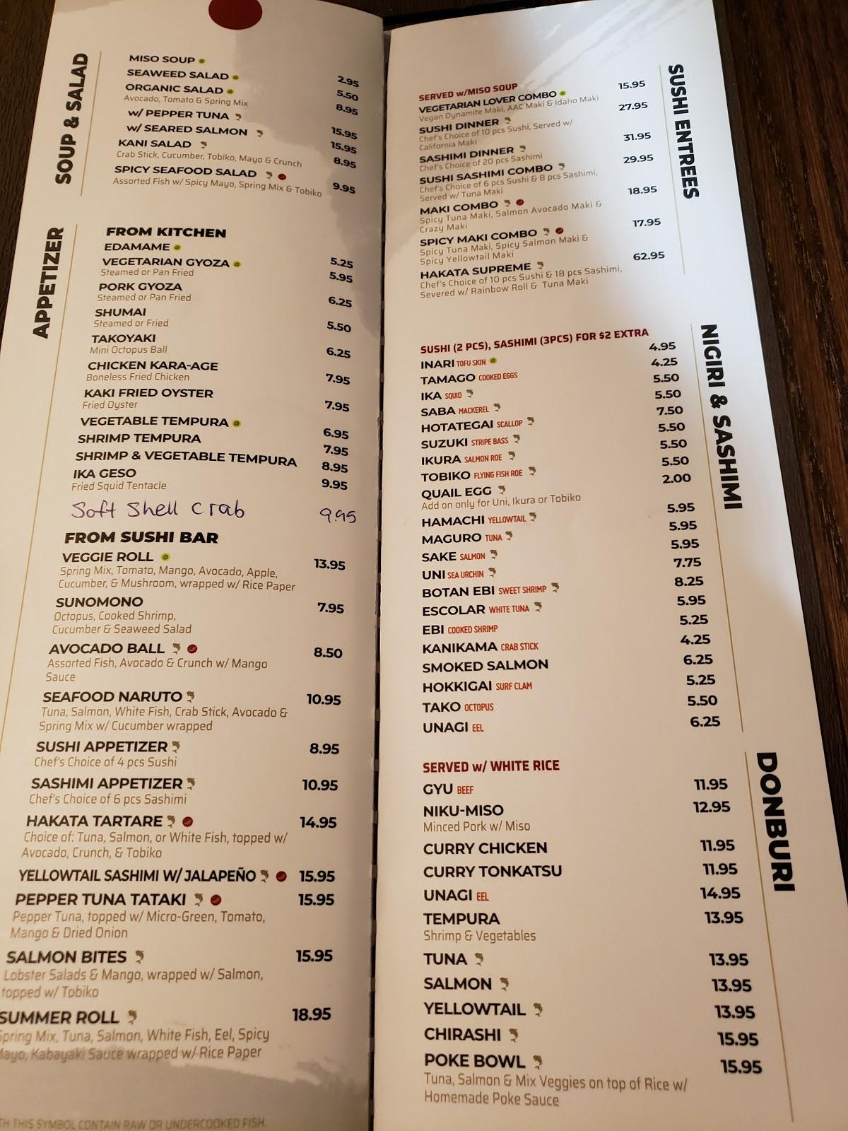 Carta del restaurante Hakata Ramen & Sushi, Waltham