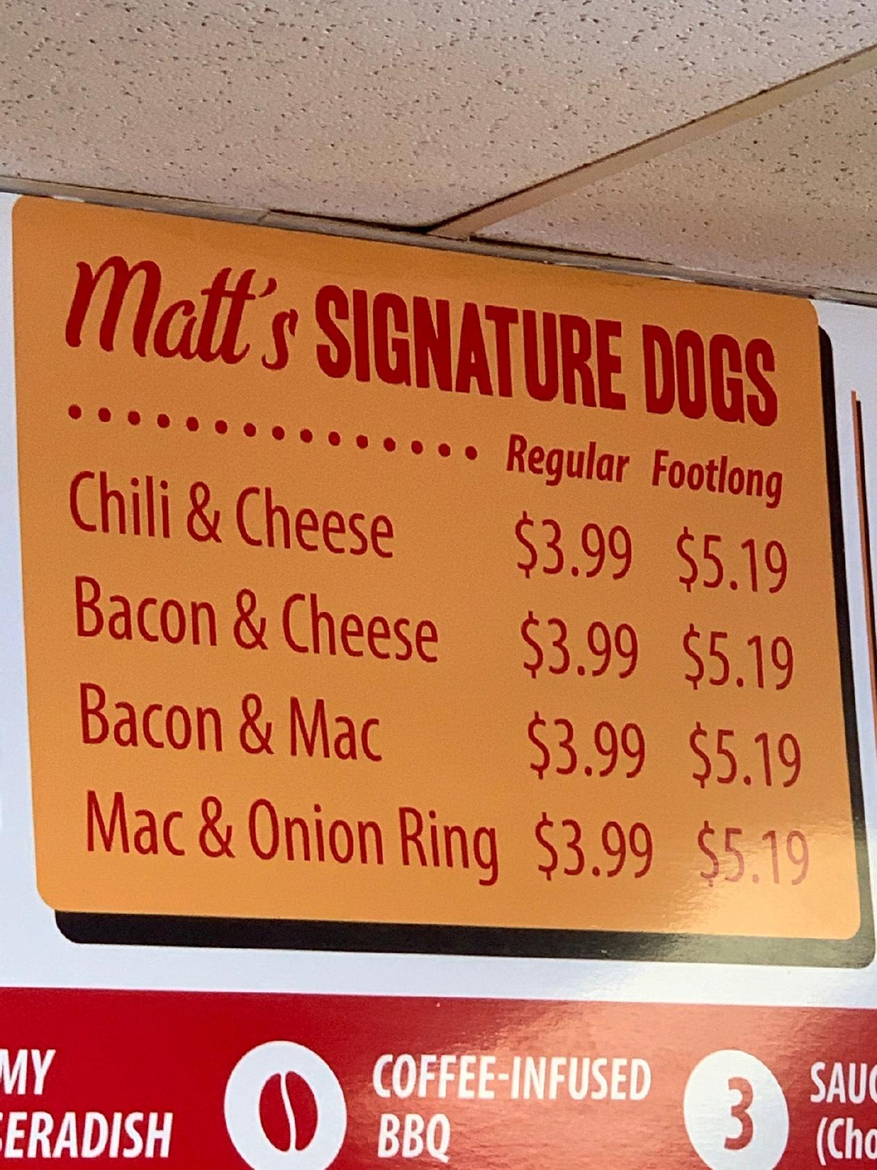 Menu at Matt's Red Hots restaurant, Estero
