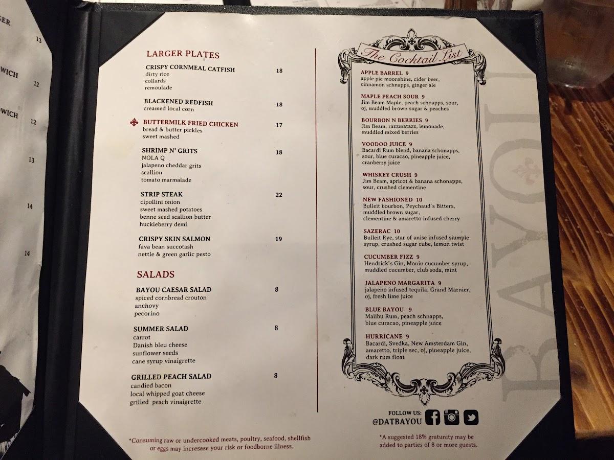 Menu at The Bayou restaurant, Bethlehem