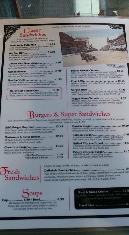 Menu at Clarette's Restaurant, Walla Walla, 15 S Touchet St