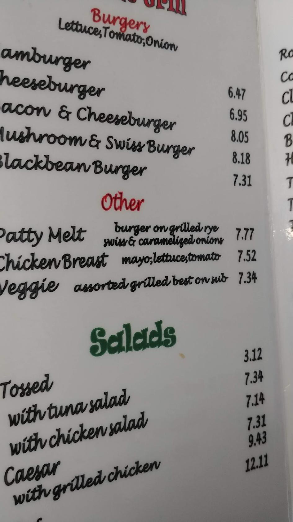 Menu at Dudley's restaurant, DeLand
