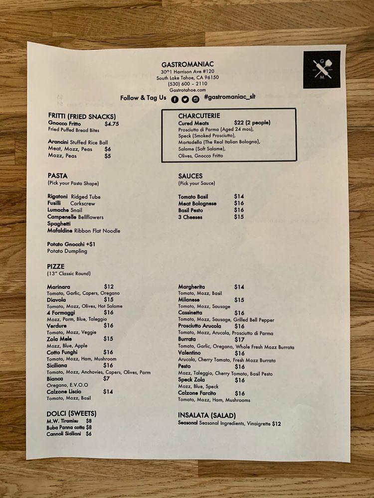 Menu at Gastromaniac Homemade Pasta & Pizza pizzeria, South Lake Tahoe