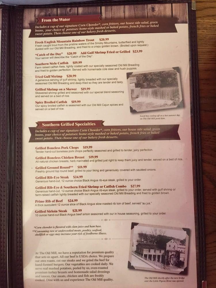 Menu at The Old Mill Restaurant, Pigeon 164 Old Mill Ave