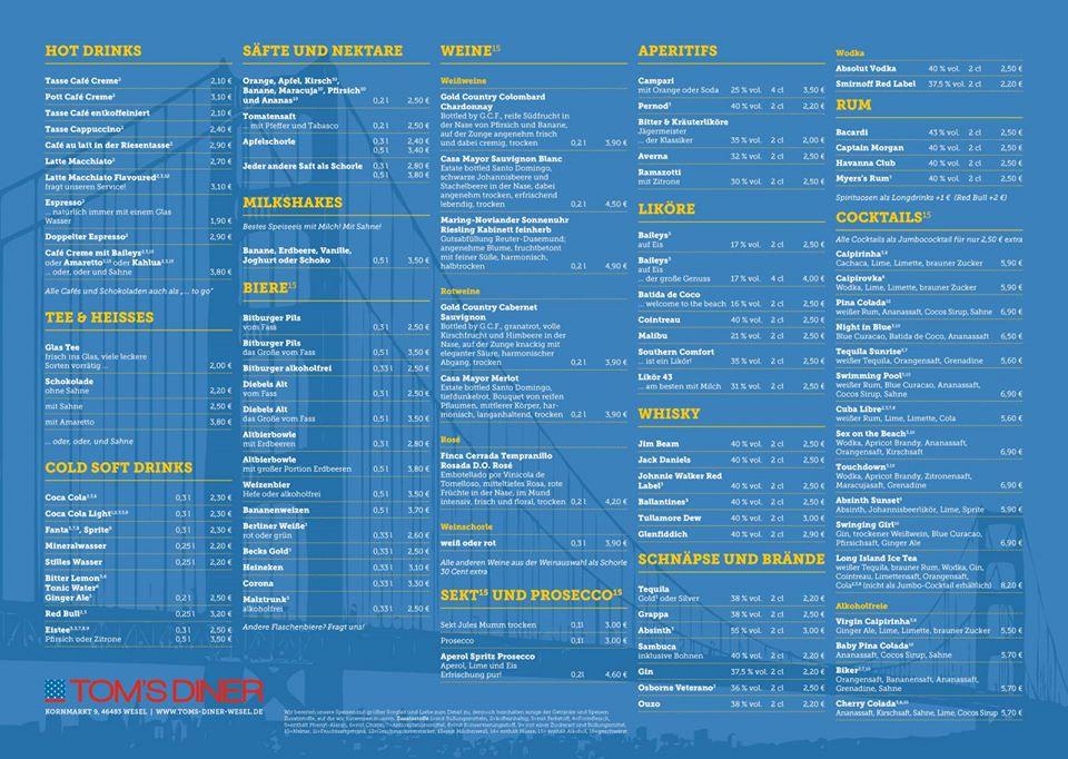 Menu at Tom's Diner restaurant, Wesel