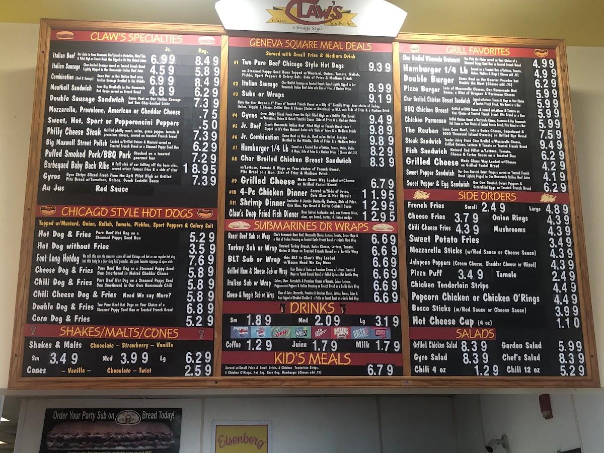 Menu at Claw's Hot Dogs & Beef restaurant, Lake Geneva