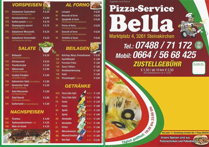 Speisekarte von Pizza Service Bella, Steinakirchen am Forst