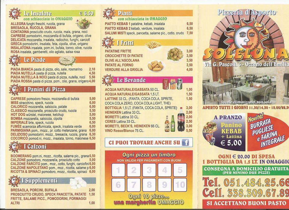 Menu at Pizzeria Soleluna, Bologna