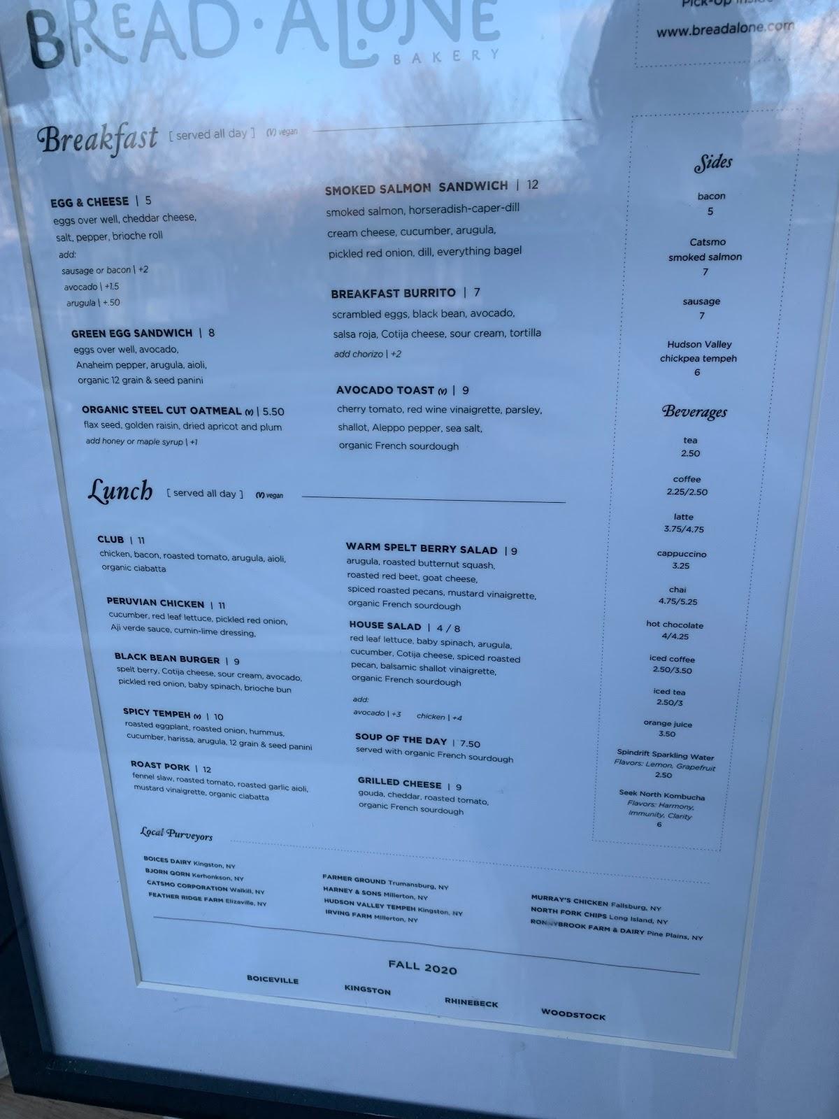 Menu at Bread Alone Bakery, Woodstock