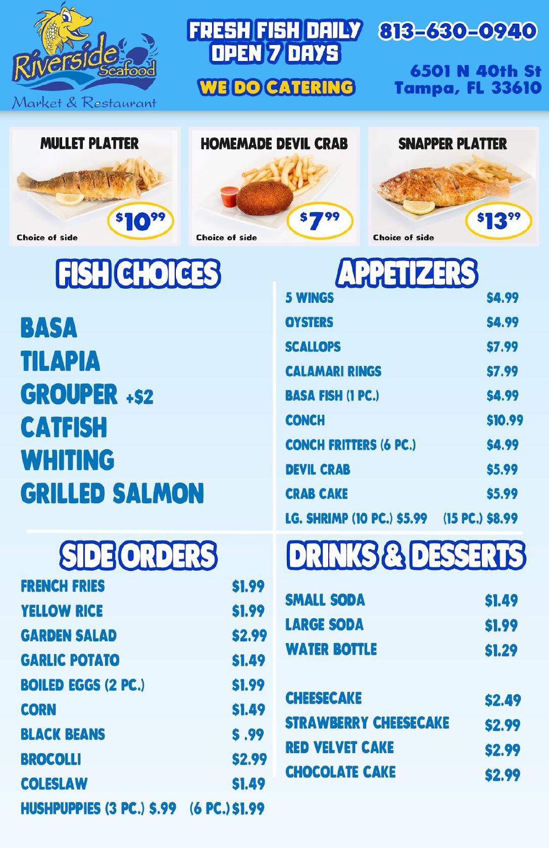 Menu at Riverside Seafood Market restaurant, Tampa, N 40th St