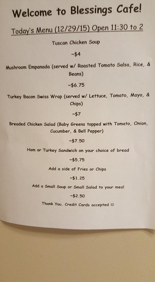 Menu at Blessings Cafe, Albany