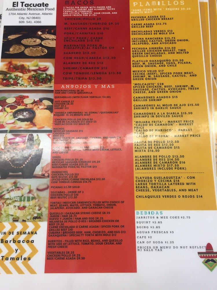 Carta de El Tacuate Mexican Restaurant, Atlantic City