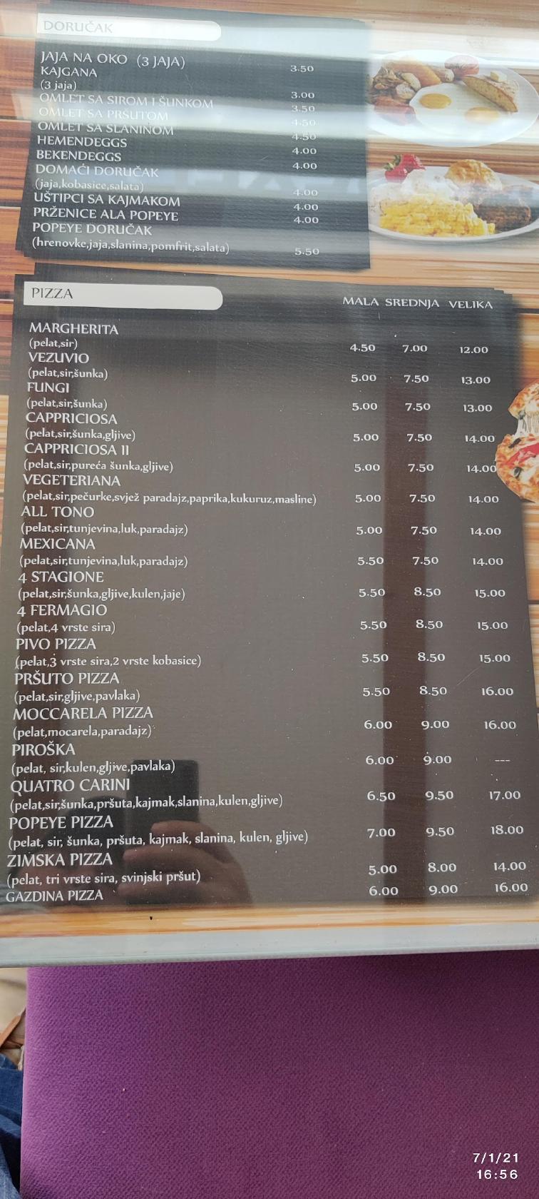 Speisekarte von Fast Food "Popeye", Lukavica