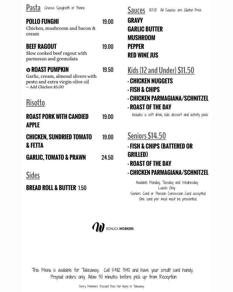 Menu at Echuca Workers restaurant, Echuca