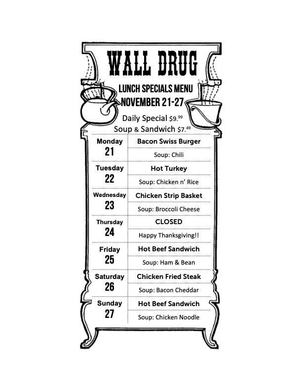 Menu at Wall Drug Store cafe, Wall, 510 Main St