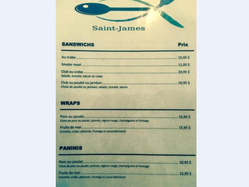 Menu au Restaurant Saint James au bar de l'eau,