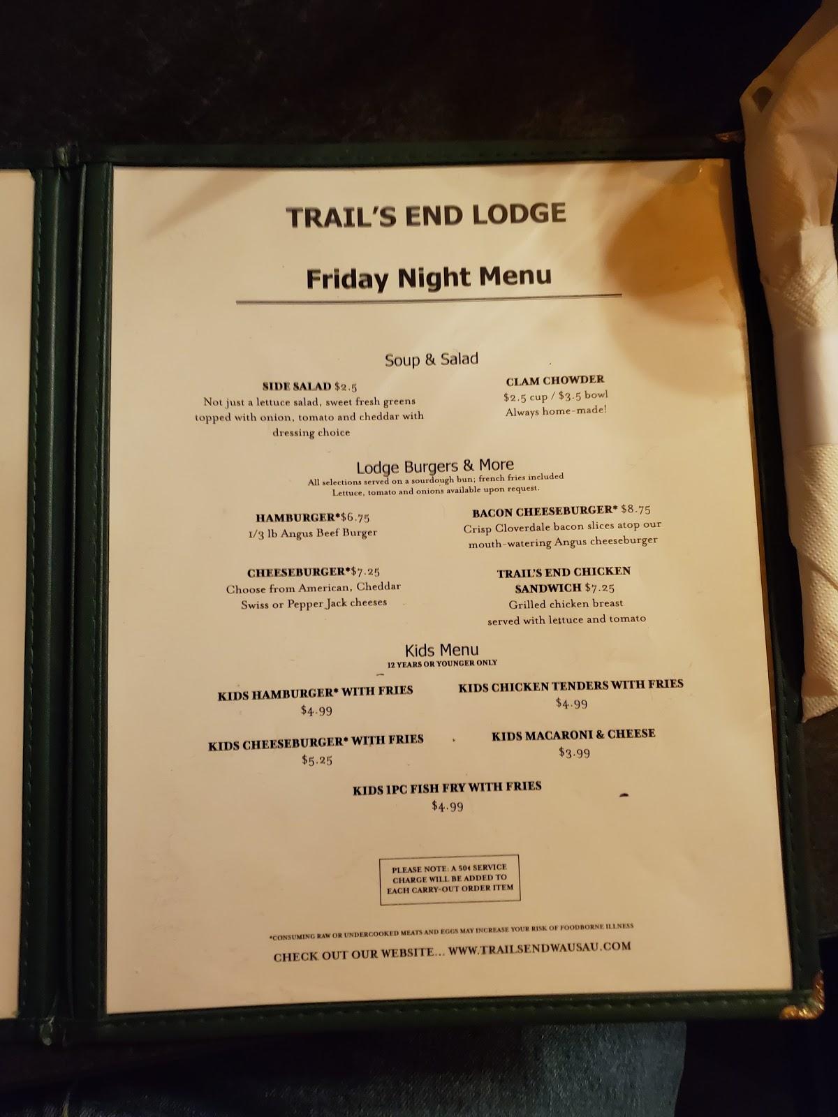 Menu at Trails End Lodge restaurant, Wausau