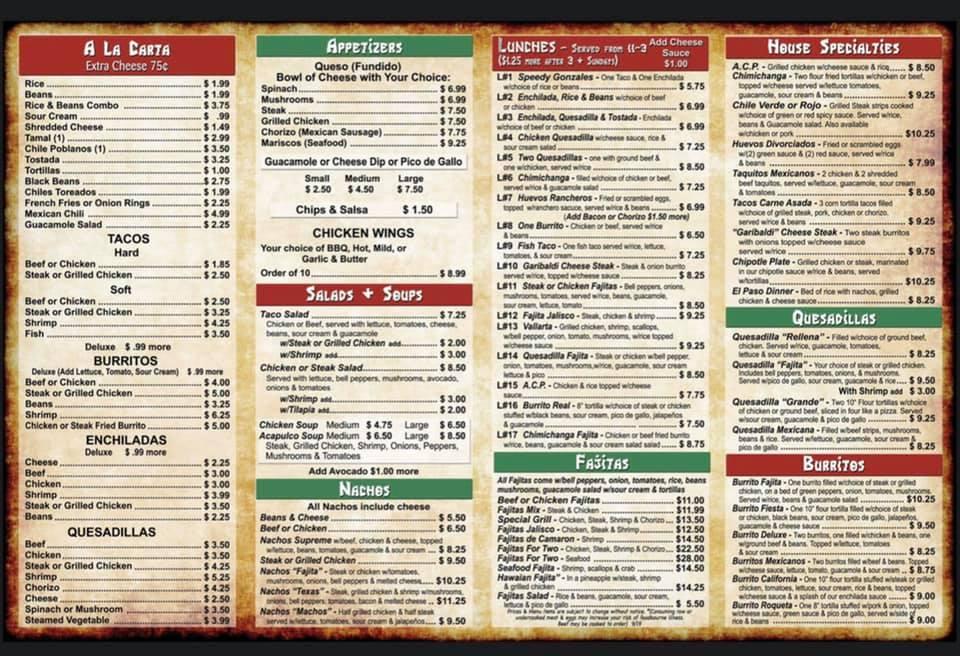 Menu at El Charro Mexican Grill restaurant, Franklin