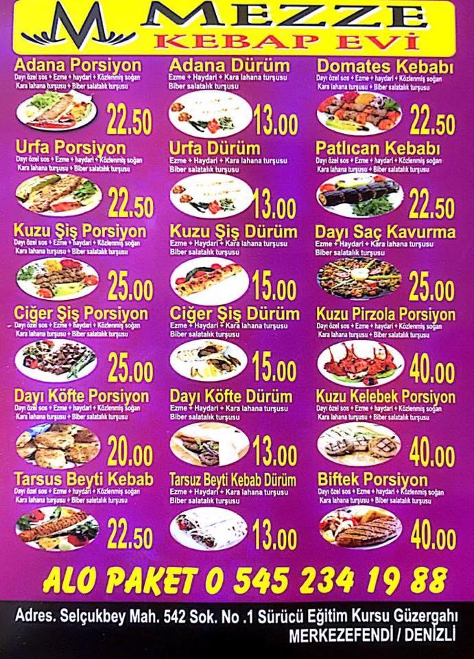 Menu at Mezze kebap evi, Denizli, 542 sokak no1