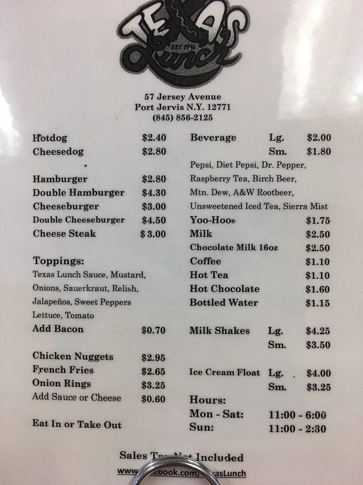 Menu at Texas Lunch restaurant, Port Jervis