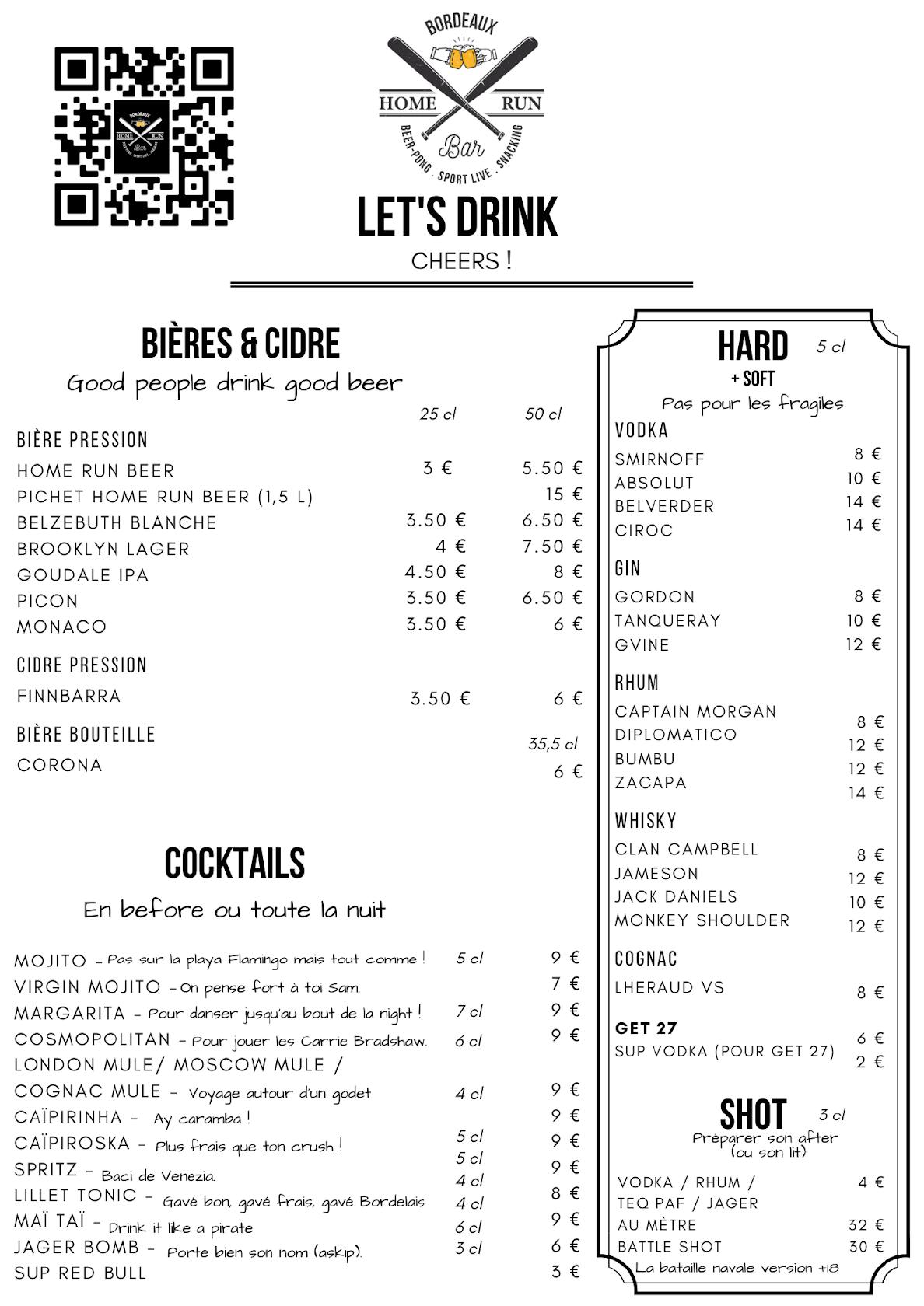 Menu at Home Run Bar, Bordeaux